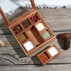 Boîte à épices en bois multi-compartiments, 9 grilles, couvercle rabattable, rangement divisé pour assaisonnements solides de cuisine - Product Image 1