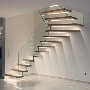 Kapalı düz ahşap sırt cam korkuluk Modern yüzer merdiven/prefabrik Led ışık ahşap merdiven