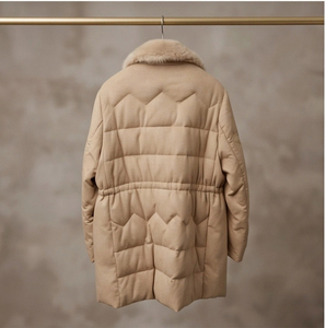 Manteau d'hiver pour <span class=keywords><strong>femme</strong></span> en mélange de laine de chameau et duvet de canard blanc, avec col en fourrure de vison véritable amovible, double boutonnage, poches en cuir - Product Image 4