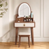 Coiffeuse moderne en bois massif avec miroir LED 3 couleurs, petite table de maquillage de 60 cm pour chambre à coucher, bureau de maquillage avec rangement et tabouret inclus