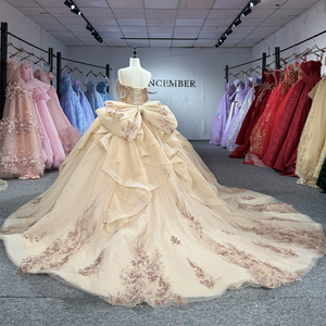 ชุดราตรีงาน Quinceanera สีแชมเปญโกลด์ รุ่น Dy1555 ผ้าชีฟองประดับคริสตัล คอรูปหัวใจ ชายกระโปรงยาวแบบ Watteau ผ้าฝ้ายแท้ 100% - Product Image 3