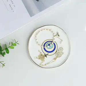 Ceramic Trinket Tray Gold Rim Jewelry Dish Plate Wedding Decorative Display Eye of Fatima