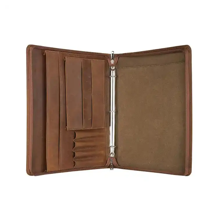 Carpeta de Padfolio con cremallera personalizada, cuaderno A4, cubierta de cuero genuino, Agenda, planificador, organizador de cartera de documentos con Carpeta de 3 anillas