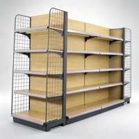 Staal-houten multi-laagse display- en opbergsysteem voor supermarkt, keuken, schoenen, kleding en jassen.