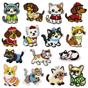 Patchs brodés mignons chat et chien, thermocollants, appliqués sur tissu avec adhésif thermofusible pour vêtements - Product Image 1