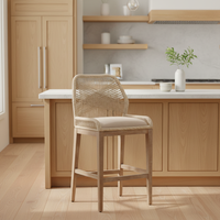BM011 Tabouret de bar en bois rembourré avec un design moderne en corde tressée, tabourets de comptoir, chaise haute, tabouret de cuisine