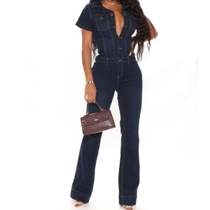 Combinaison en jean pour femme, taille haute, ensemble 2 pièces, coupe évasée, manches courtes, bleu foncé, style sexy, moulant, vintage, streetwear - Product Image 1