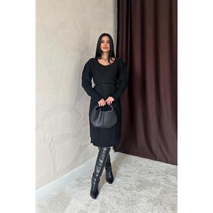 Vestido de Punto Negro con Cinturón, Cintura Elástica, Cuello Redondo, Silueta Ajustada, Informal, para Uso Diario, Tejido de Punto, Vestido para Mujer - Product Image 1