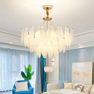 French Style Feather Glass Chandelier Gold Led Living Room <b>Lighting</b> Fixture - Product Image 1