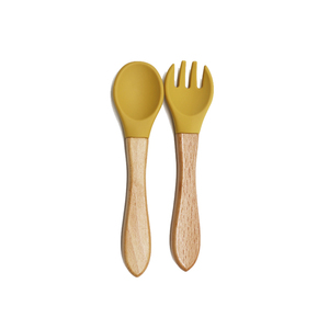 Fabricant Vente en gros Ensemble de vaisselle de salle à manger pour enfants Cuillère en silicone avec manche en bois <span class=keywords><strong>Couverts</strong></span> Fourchette pour l'entraînement des bébés - Product Image 1