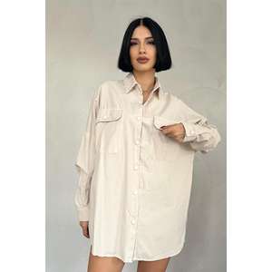 Camisa Sencilla Beige de Popelina con Botones para Mujer, Blusa Oversize de Uso Diario, Manga Corta, Ajuste Holgado, Top Casual - Product Image 3