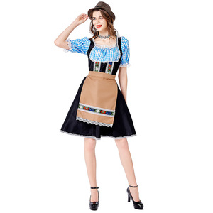 Dirndl Dress Blue Checkered Apron Hat Set Women's Beer Festival Costume M-XL Spring 2025 - Product Image 5