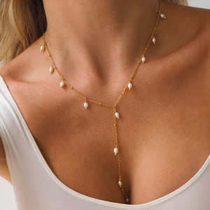 Minimalist Freshwater Pearl Pendant <strong>Necklace</strong> Bridesmaid Jewelry Dainty 18K Gold Plated Stainless Steel Chain Layered <strong>Y</strong> <strong>Necklace</strong> - Product Image 1