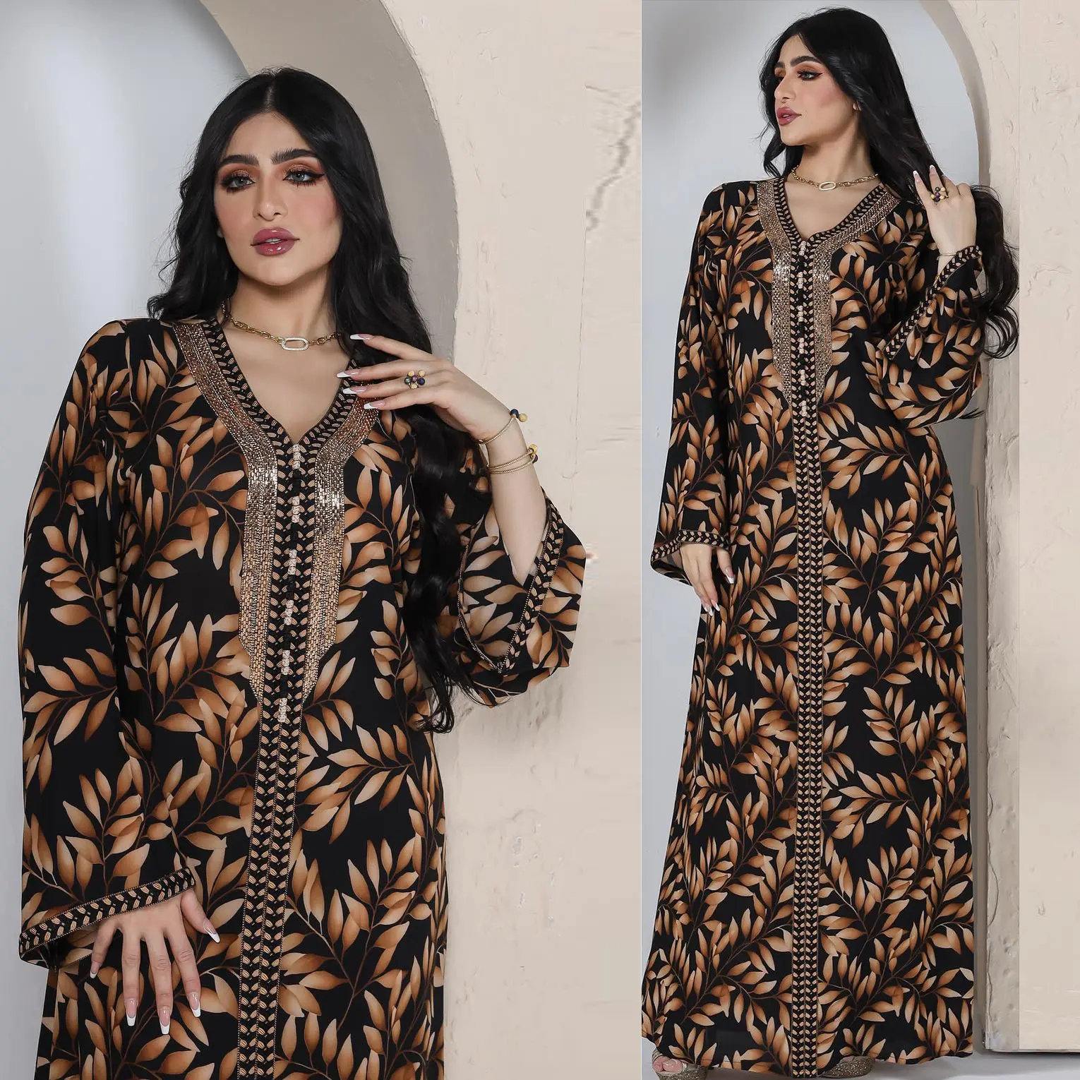 Marocain pakaian etnis Abaya Arab musim panas, pakaian Muslim motif macan tutul leher V, Gaun elegan untuk wanita kaftan