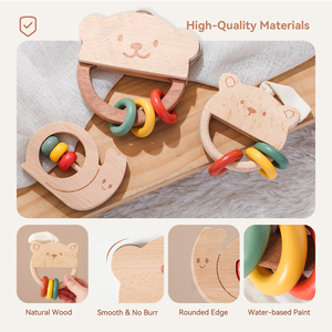 Nouvel ensemble <span class=keywords><strong>de</strong></span> hochets musicaux en bois pour nouveau-nés, jouet sensoriel Montessori en forme d'ours, avec cymbale, <span class=keywords><strong>escargot</strong></span>, perles roulantes et sangle <span class=keywords><strong>de</strong></span> suspension, en bois naturel - Product Image 2