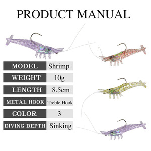 3pcs Luya Soft Lures10g/8.5cm Silicone Simulation Crevettes et Ver avec Crochet Soft Shrimp Lures - Product Image 3