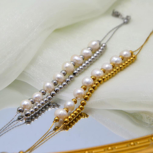 Bracelet géométrique superposé en acier inoxydable vintage avec perles, bicolore or/argent, cadeau tendance pour homme et femme en couple - Product Image 3