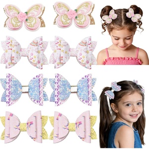 Embroidered Flower Sweet PU Leather and Fabric Butterfly Hairpin Printed Glitter Shiny <b>Bow</b> Three-Layer Bang Hair <b>Clip</b> - Product Image 1