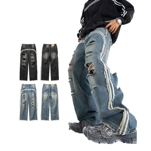 Pantalons en <span class=keywords><strong>jean</strong></span> personnalisés pour garçons, déchirés, effet délavé, jeans boyfriend pour hommes, OEM, bande blanche sur le devant, jeans baggy pour hommes - Product Image 1
