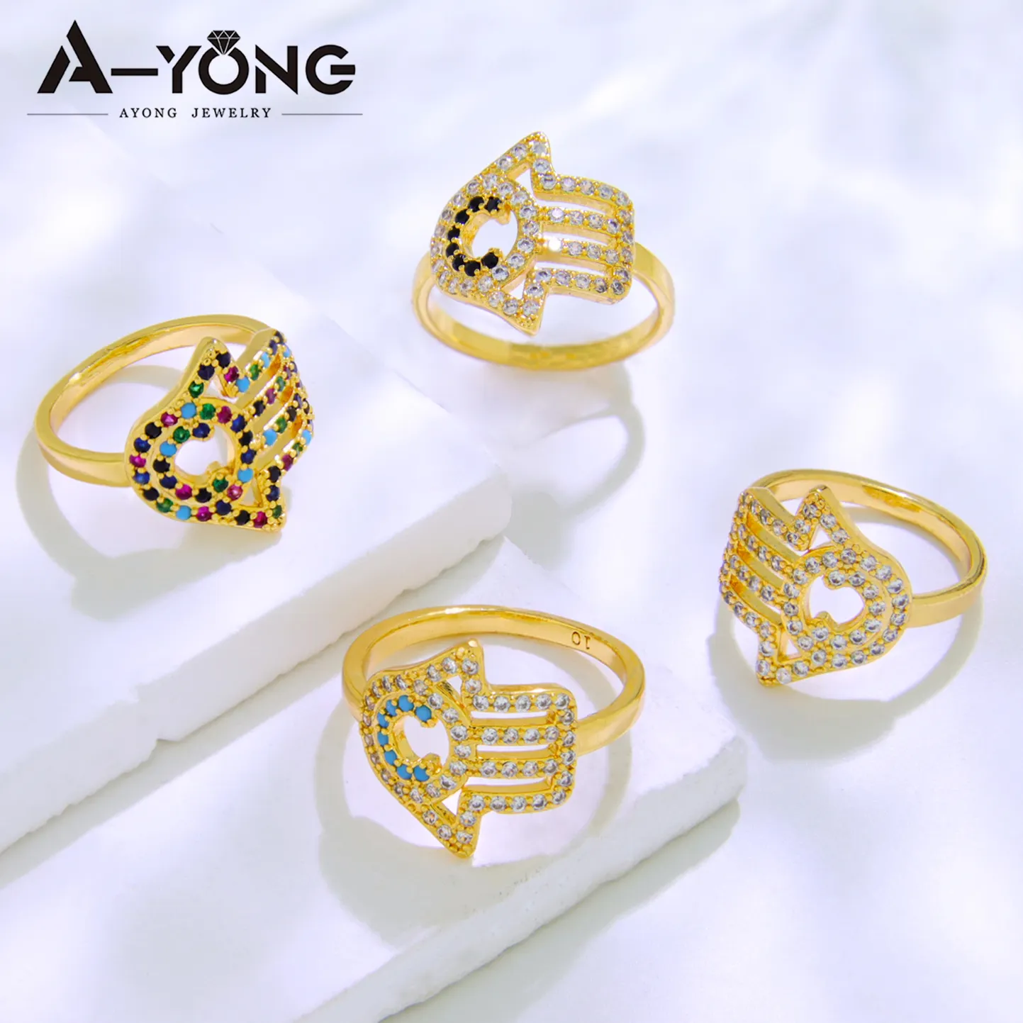 Anéis de zircônia cúbica coloridos banhados a ouro 18K religião vintage da moda para mulheres Anéis Hamsa atacado