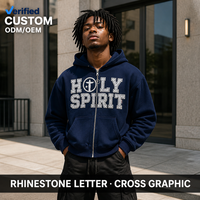 Sweat à capuche zippé oversize court personnalisé 450GSM bleu marine avec lettres en strass et motif croix Saint-Esprit pour homme, style streetwear