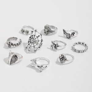 10 pz Set di anelli di pipistrello ragnatela gotico scuro Punk per uomo Hip-hop Color argento teschi con ala impilabile anello da dito gioielli di Halloween - Product Image 5