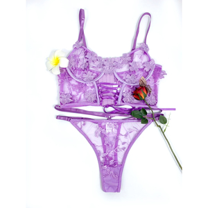 Da donna Sexy 2 pezzi Set Lingerie sensuale pizzo ricamo reggiseno trasparente con mutandine regolabili fornitore all'ingrosso OEM - Product Image 2