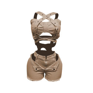 MZ88637-Vêtements d'<span class=keywords><strong>été</strong></span> décontractés pour femmes, ensemble short et gilet en denim, sans bretelles, extensible, coupe skinny, deux pièces, nouvelle collection 2025 - Product Image 3