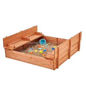 Bac à sable extérieur en bois de cèdre grand format avec sièges pliables toutes saisons pour enfants, housse rouge clair - Product Image 1
