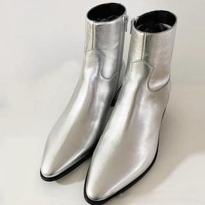 Nuevos zapatos de cuero genuino para hombre, <span class=keywords><strong>botines</strong></span> con punta en pico, botas de tacón cubano Chelsea, botas Chelsea gris plateado - Product Image 5