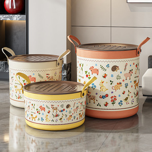 Cartoon Printed <b>Storage</b> Bin Round Large Capacity Household Organizer With Lid For <b>Clothes</b> And Toys - Product Image 4