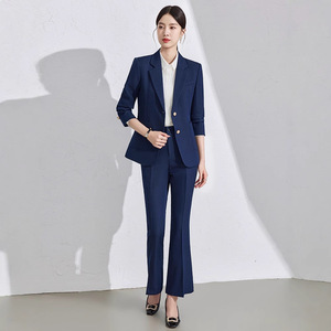 Women's Blue Suit Set Polyester Three Quarter Sleeve Anti-Wrinkle Formal Spring Style - Product Image 4