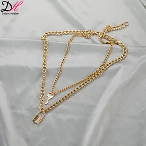 Fashion Gelaagde Ketting Punk Sieraden Goud/Zilveren Slot En Sleutel Ketting Hanger Voor Vrouwen