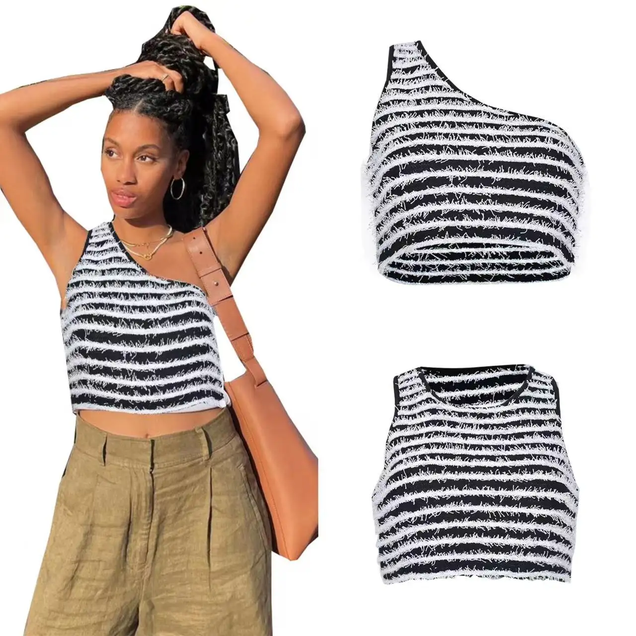 croptops women wholesale zebra stripes knitted crop tank top summer 2023 women clothing one shoulder off tops