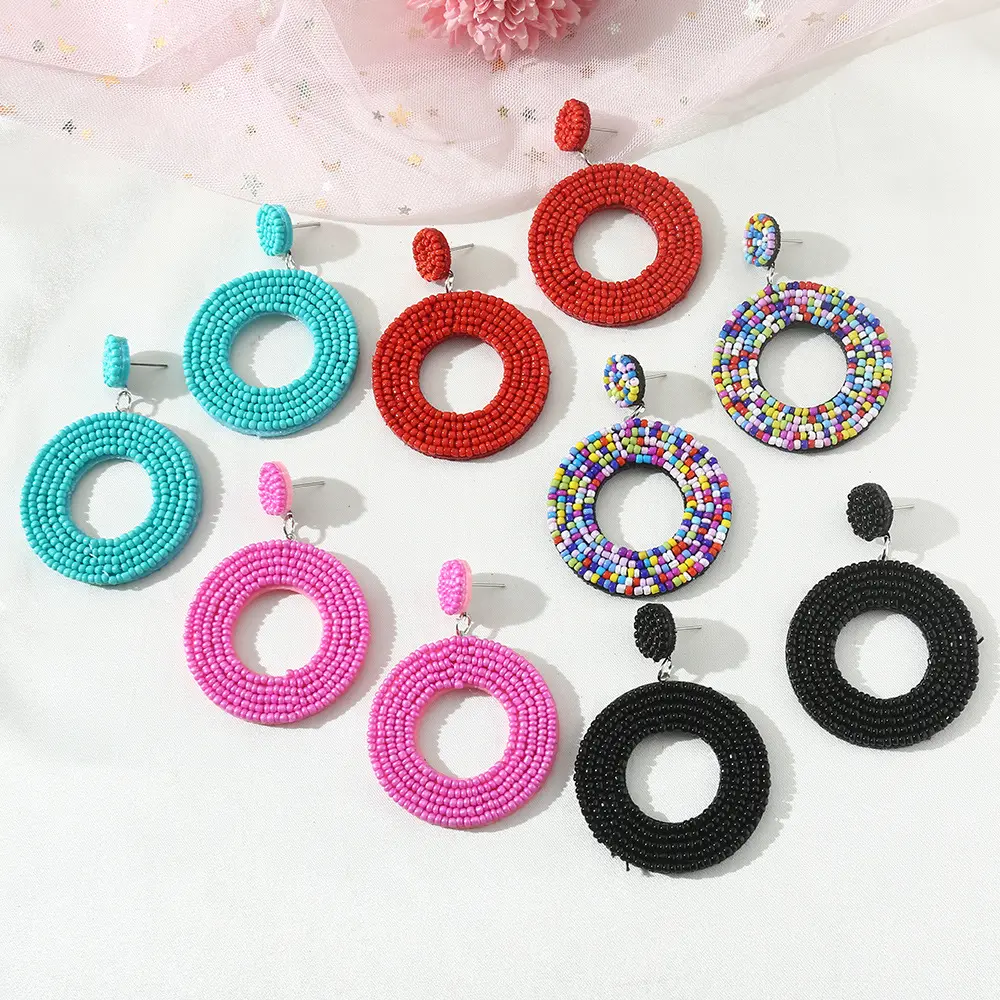 2023 Wholesale fashion jewelry women's hand-dropped beaded earrings personalized fashion Bohemian round beaded ethnic earrings