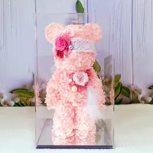 Kerst Valentijnsdag Cadeau Gewelddadige Beer Natuurlijke Echte Bloem Geconserveerde Roze Bloemen Beer Met Doos Geschenken Voor Mama Vrouwen