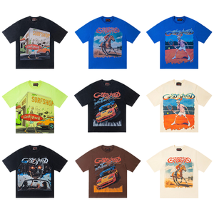 T-shirt Grafica Retrò Lavata da Uomo in Cotone 100% Dobby Oversize Streetwear Traspirante con Stampa Scheletro Auto Cavallo Surf a Maniche Corte - Product Image 1