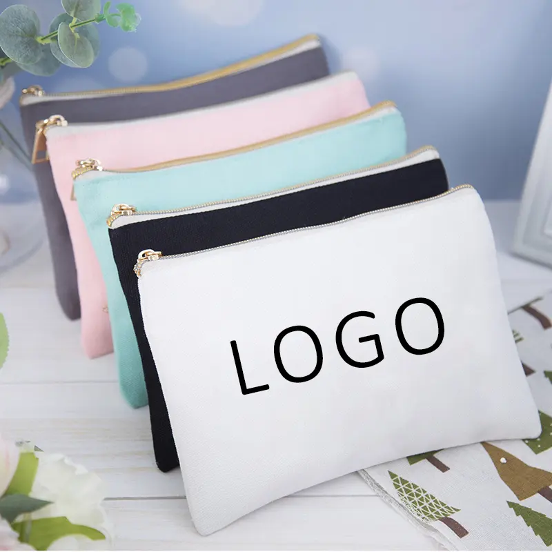 Regali Logo personalizzato stampato in tela con cerniera borsa bianca per il trucco di lusso in cotone piccola tela per Make up borsa da viaggio borsa cosmetica a matita