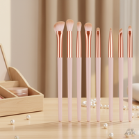 Ensemble de 8 pinceaux de maquillage pour les yeux, manche en bois rose, virole en aluminium, fibres synthétiques, format voyage portable pour les yeux et le nez