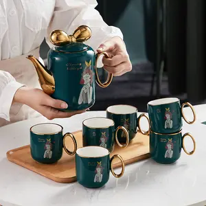Factory Direct Sell 8 pcs Drinkware Tea Pot Ceramic Tea Coffee Mug Porcelain Tea Set With Pot And Tray
