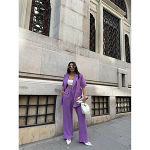 Women's <b>Purple</b> Short-Sleeved Jacket and Trouser Set with <b>Tie</b>-Detail - Product Image 2