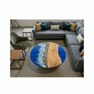 Plateau de table d'appoint en bois époxy bleu de 12 pouces, art de la rivière en résine, table d'appoint de canapé pour la plage, plateau de table basse en époxy royal avec support - Product Image 1