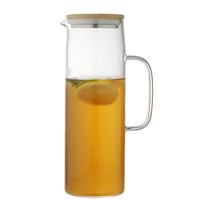 Teko Teh Es Kaca Ramah Lingkungan Modern dengan Tutup Bambu Kayu, Saringan Stainless Steel, Gagang, dan Wadah Kaca Besar untuk Air Panas/Dingin