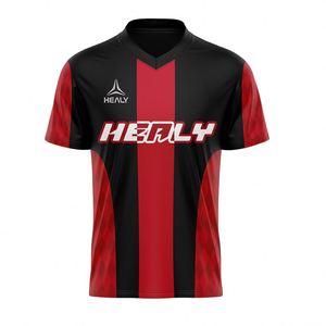 Uniforme de Fútbol Personalizado de Moda en Negro y Rojo, con Estampado Distintivo en el Pecho, Transpirable, de Secado Rápido, Cuello en V, Manga Corta, Ligero, 100% - Product Image 1