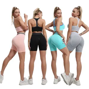 Women seamless yoga set solid colored bra and shorts gym sportswear woman 2 pieces shorts running outdoor suit custom logo
