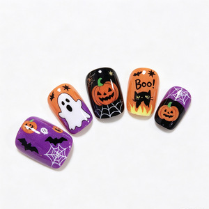 Faux ongles à presser sur le thème d'<span class=keywords><strong>Halloween</strong></span>, motifs fantôme, toile d'araignée et citrouille, style INS doux et audacieux, amovibles, 24 pièces - Product Image 2
