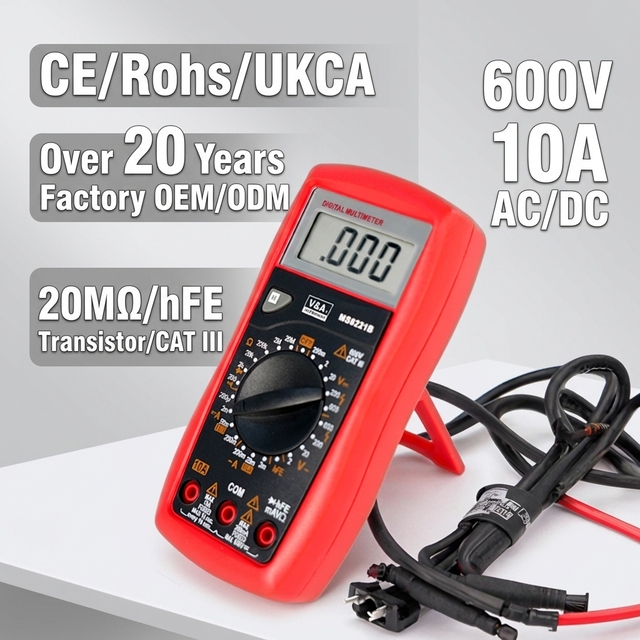 MS8221B Portable Digital Manual Range Multimeter DC AC Ohm Volt Amp Tester CATIII 600V Safety HFE Voltage Current Resistance 10A