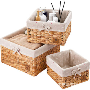 Panier de rangement rectangulaire en paille tressée avec nœud décoratif en tissu de lin pour cuisine et salle de bain - Product Image 5