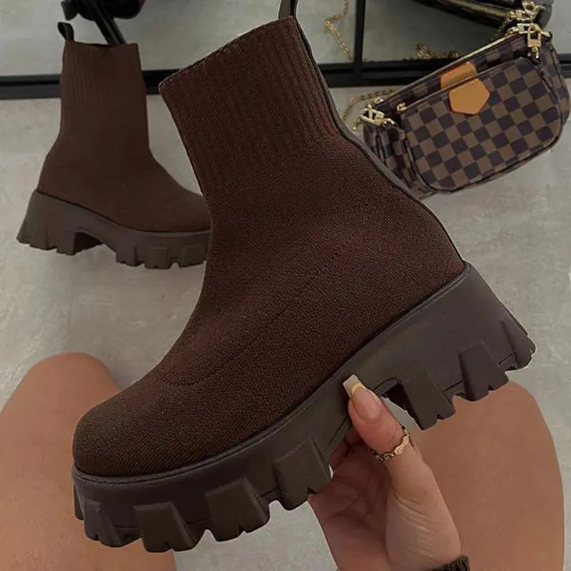 Botas de punta redonda de suela gruesa para mujer, botines de punto de color sólido de talla grande para otoño e invierno, 2022