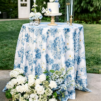 Taplak Meja Bundar Motif Bunga Biru 120 inci, Latar Belakang Putih, Cetakan Botani Vintage, untuk Pernikahan Amerika/Pesta Pernikahan